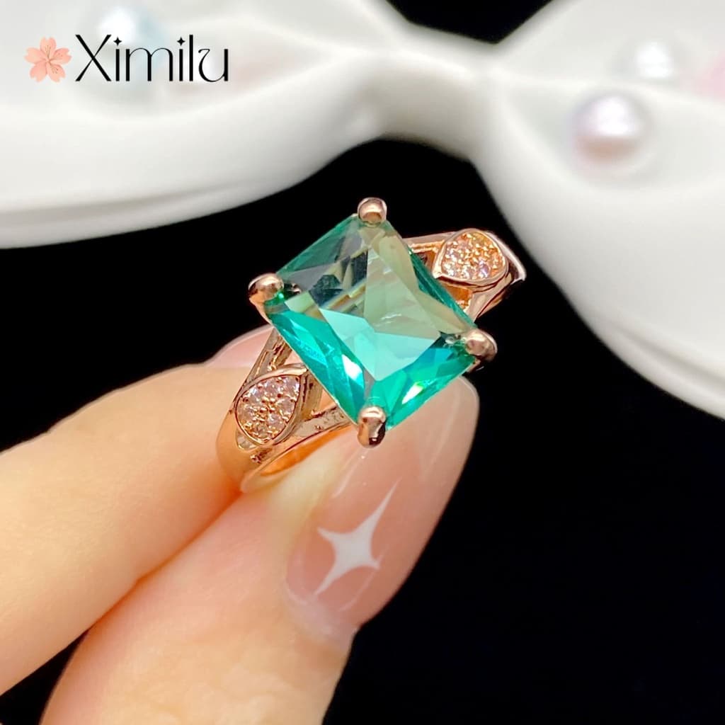 Anel Aberto Turmalina Verde Retangular Feminino Ouro Rosa 18K