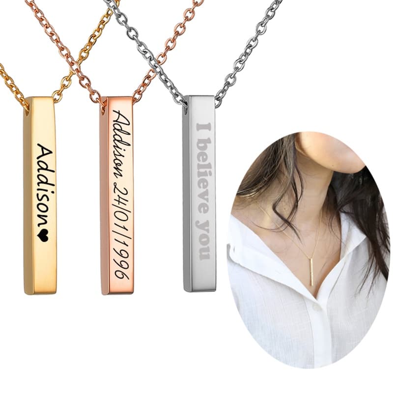 Colar Geométrico Com Nome Personalizado De 4 Lados Esculpido Em Aço Inoxidável Elegante