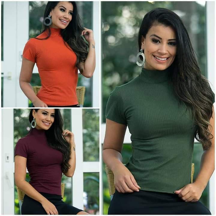 Blusa gola alta manga curta malha canelada