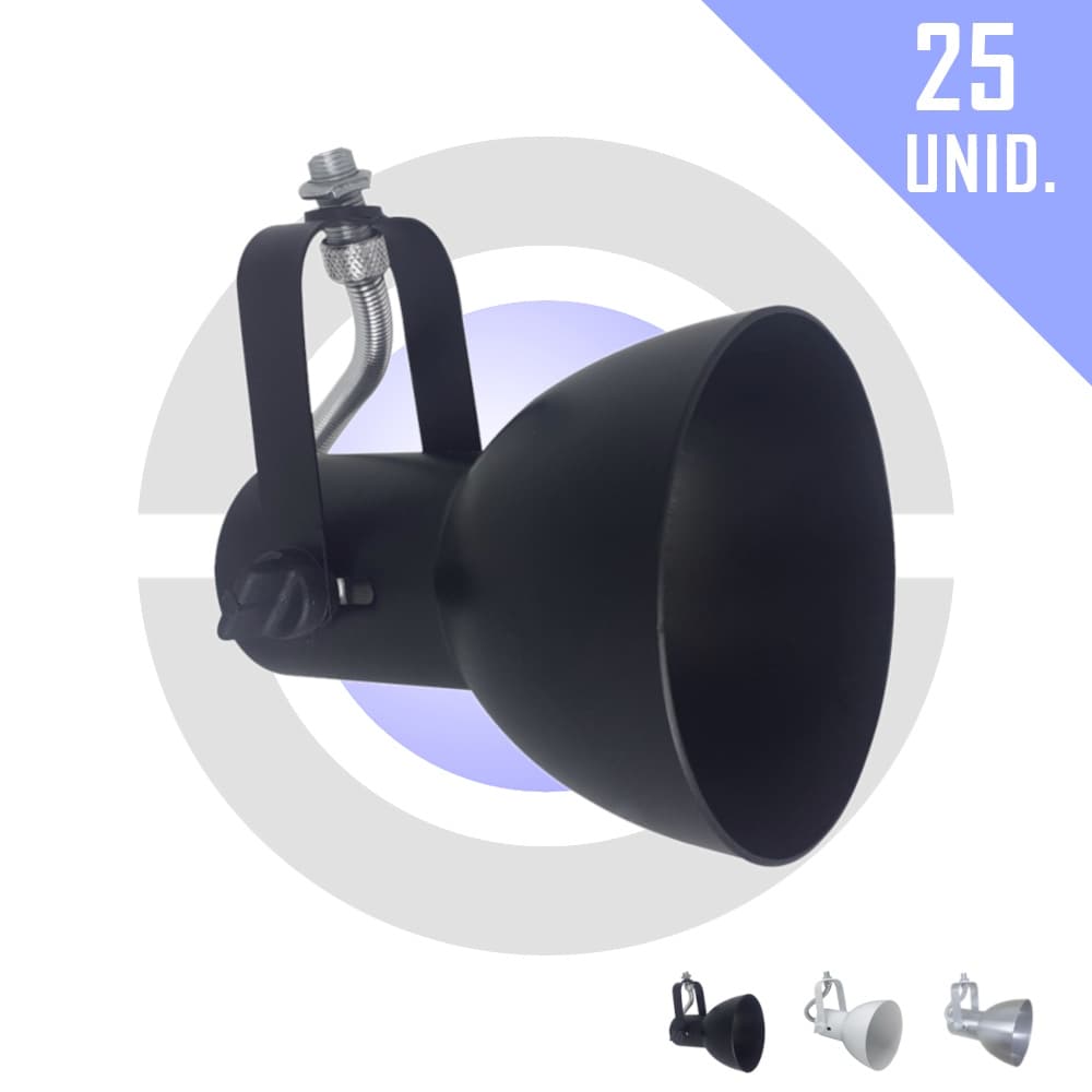 Kit 25 Spot Aluminio Direcionavel Trilho Eletrocalha Perfilado Iluminacao Focal Bulbo Comum LED E27