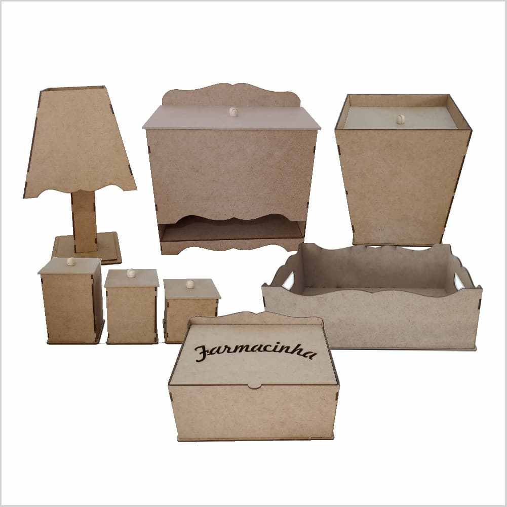 Kit Higiene Bebê 8 peças Liso MDF Cru DESMONTADO acompanha fiação Porta Fraldas, Bandeja, Trio porta treco, Farmacinha,  Abajur e Lixeira (lixinho) Promoção