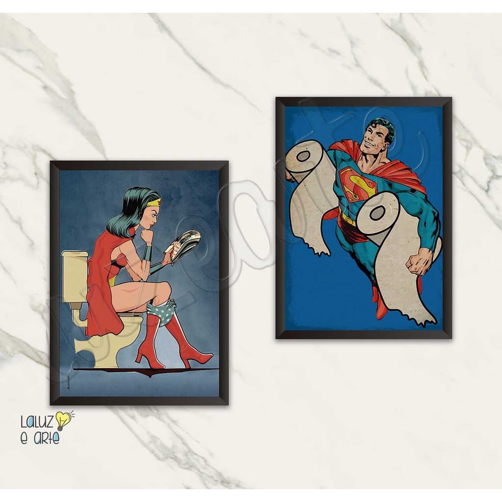 2 Quadros para banheiro Supeman + Mulher Maravilha A5
