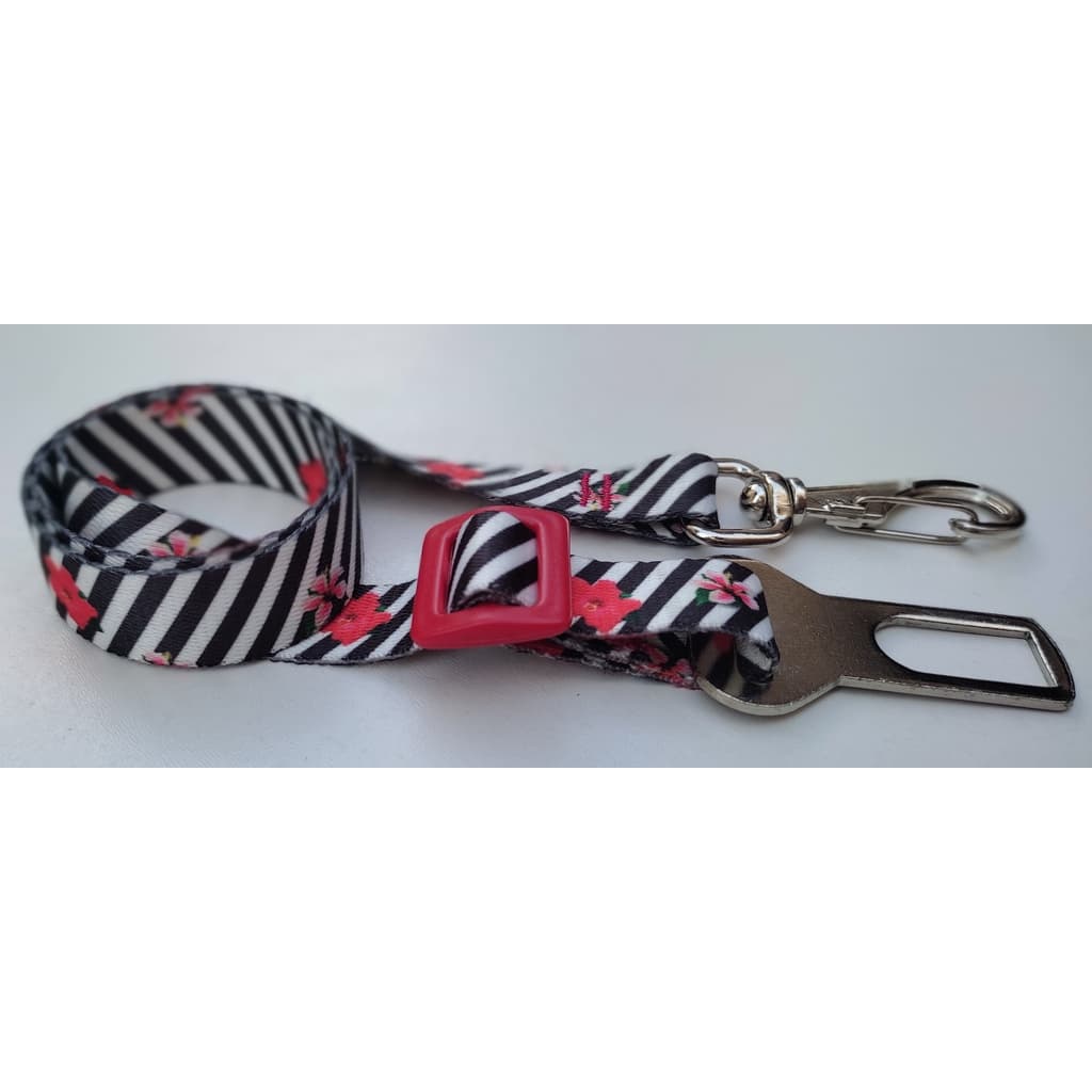 Cinto de Segurança para Cães - Preto e branco listrado com detalhes em vermelho