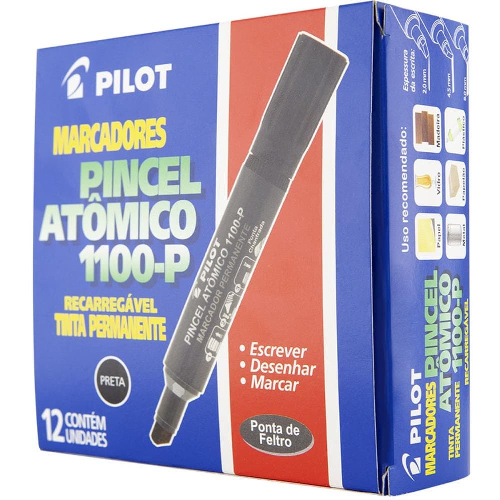 Caixa com 12 Pincel Atomico 1100P Preto Recarregavel Pilot