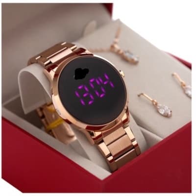 Relógio Feminino Digital Led Dourado Prata Pulseira Estilo Metálica  Moda Blogueira 54656
