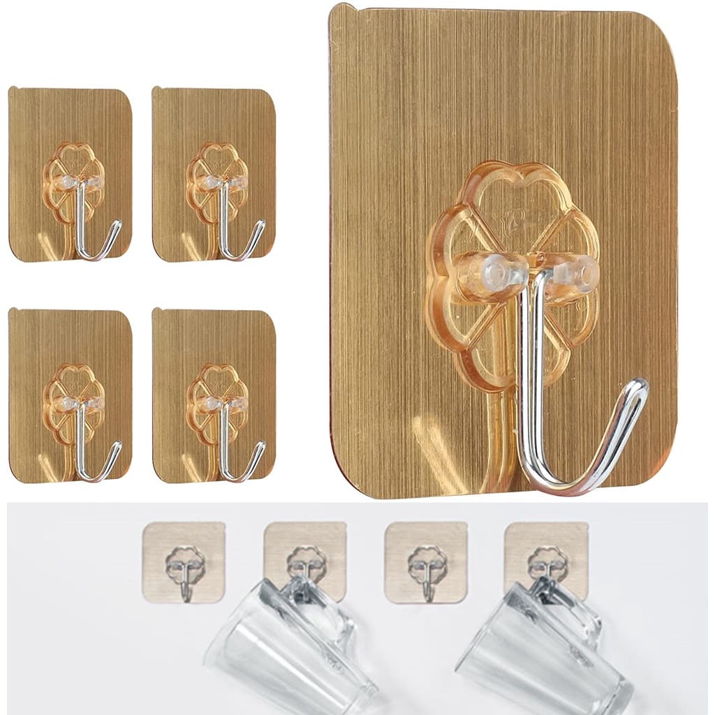 Kit de 6 peças de gancho de parede adesivo multiuso dourado