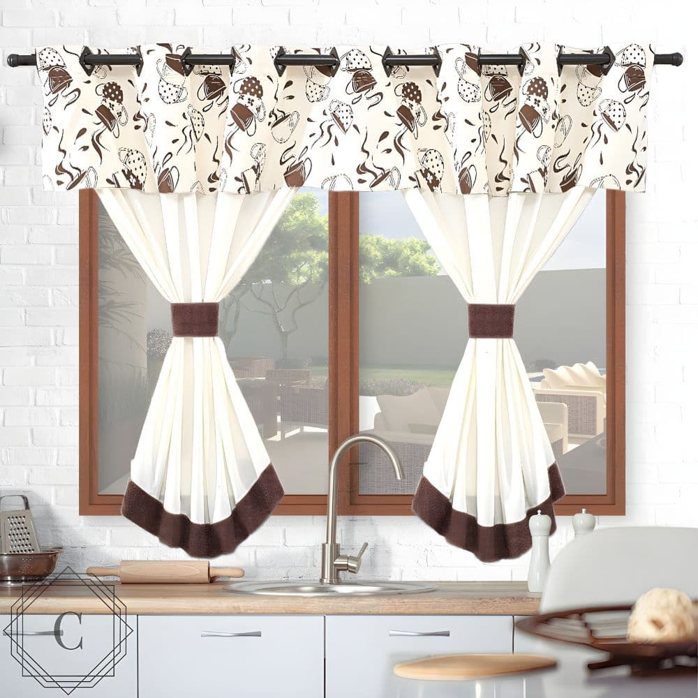 Cortina Moderna Cozinha Janela Casa  2,00m X 1,20m Para Varão Simples Estampado cafe marrom bege