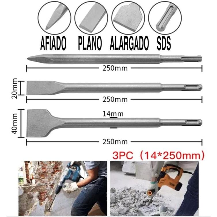 Kit 3 Peças Ponteira E Talhadeiras Para Martelete Sds Plus