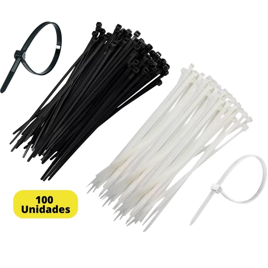 100 Abraçadeiras Nylon Cinta Plástica Enforca Gato Branca/Preta Vários Tamanhos