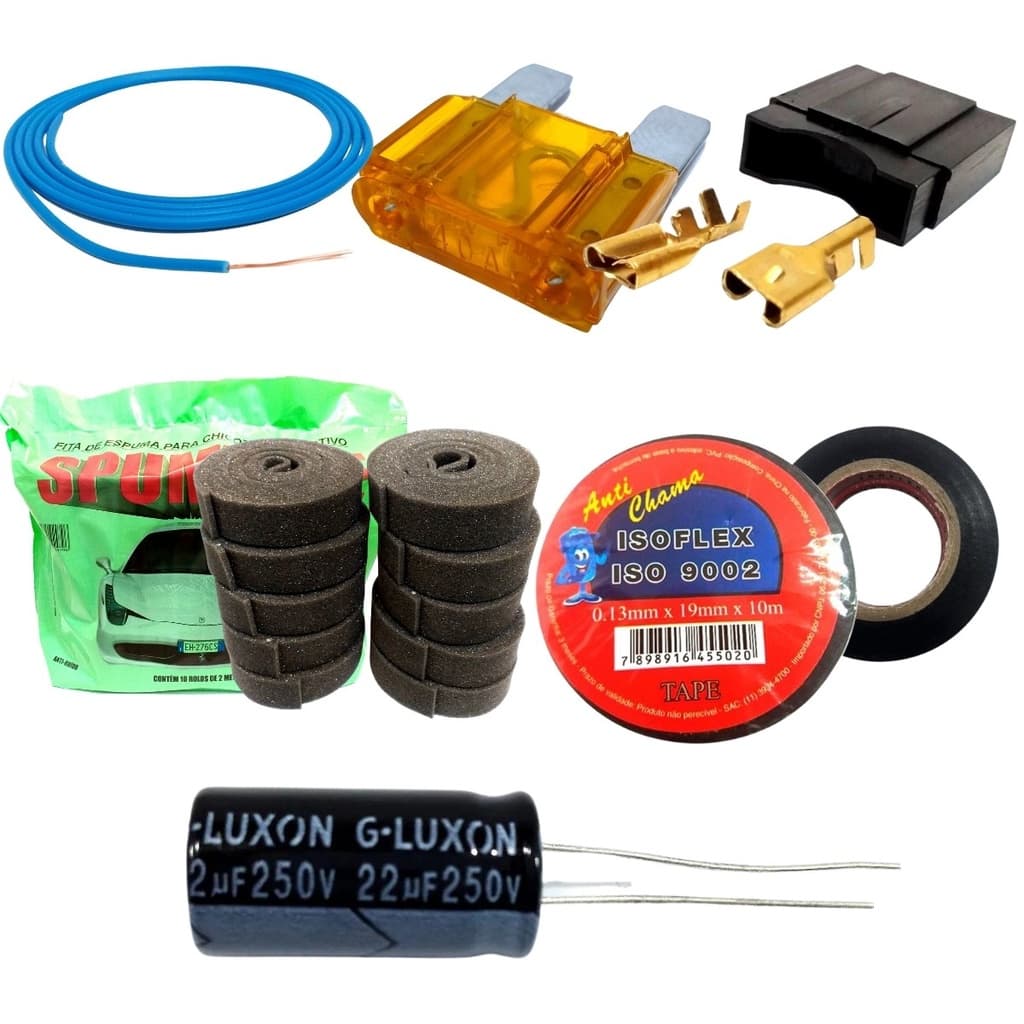 Kit Porta Fusível Desmontado e Fusível Lâmina Max Fio Cabinho Espuma Sem Cola Capacitor Eletrolítico e Fita Isolante 10m