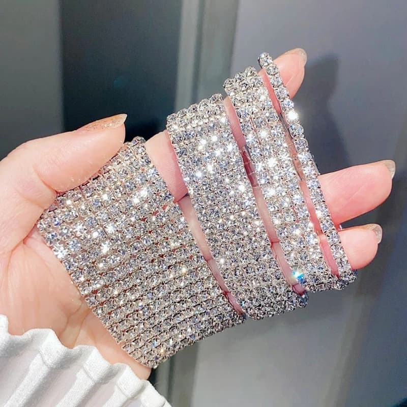 Bracelete/Pulseira Feminina Com Pedras Brilhantes/Cristais/Strass/Prata Para Casamento/Noiva