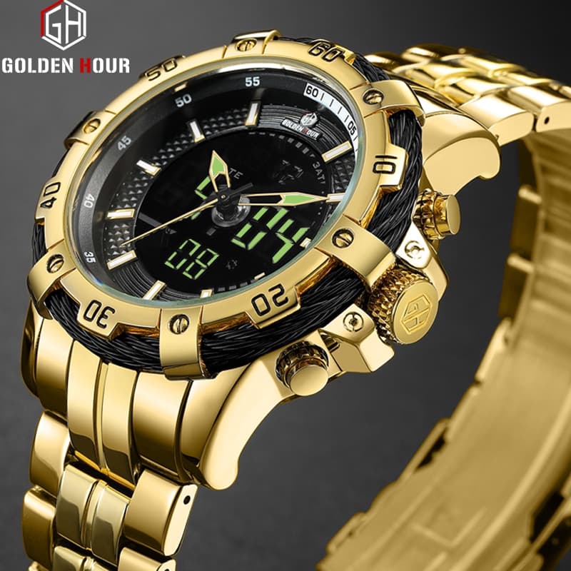 Relógio Quartzo GOLDENHOUR à Prova d'Água de Aço Masculino/Relógio de Pulso Analógico Estilo Militar/Relógio Masculino