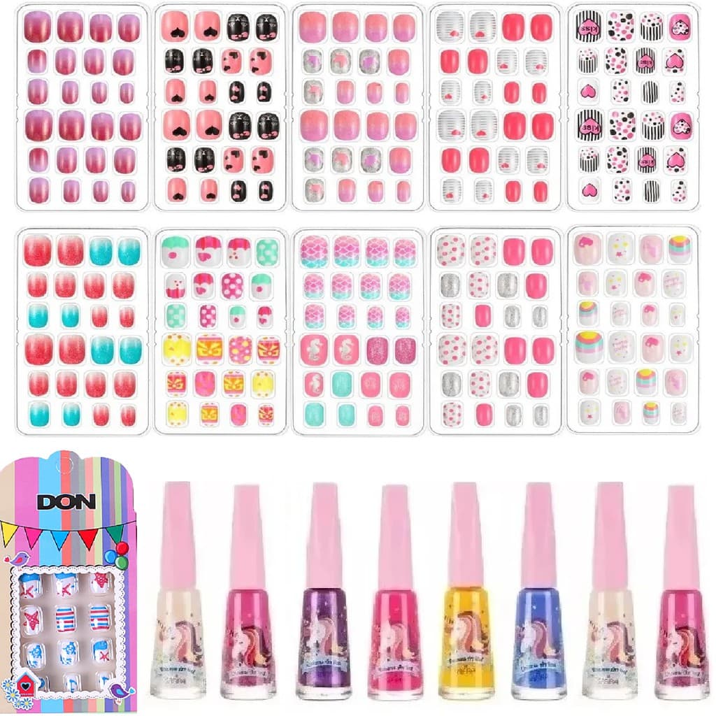 Kit 8 Esmaltes Teen Unicórnio ou Sereia + 12 Unhas Postiças Infantil