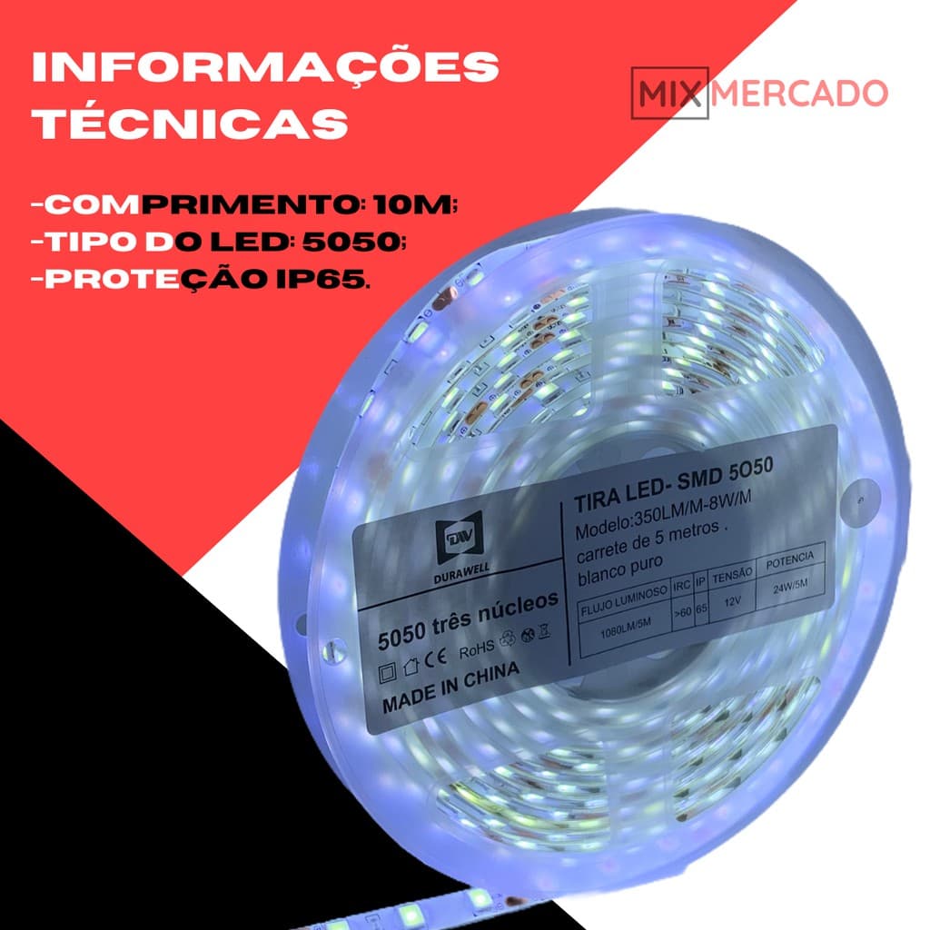 Fita Led Branco Frio Com Fonte 5050 5 Metros Prova Dagua + Fonte 12V2A