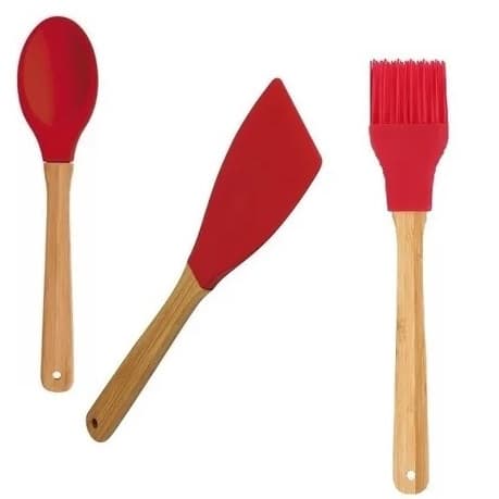 Kit Culinário 3 Peças Espátula + Colher e Pincel Bambu e Silicone Vermelho