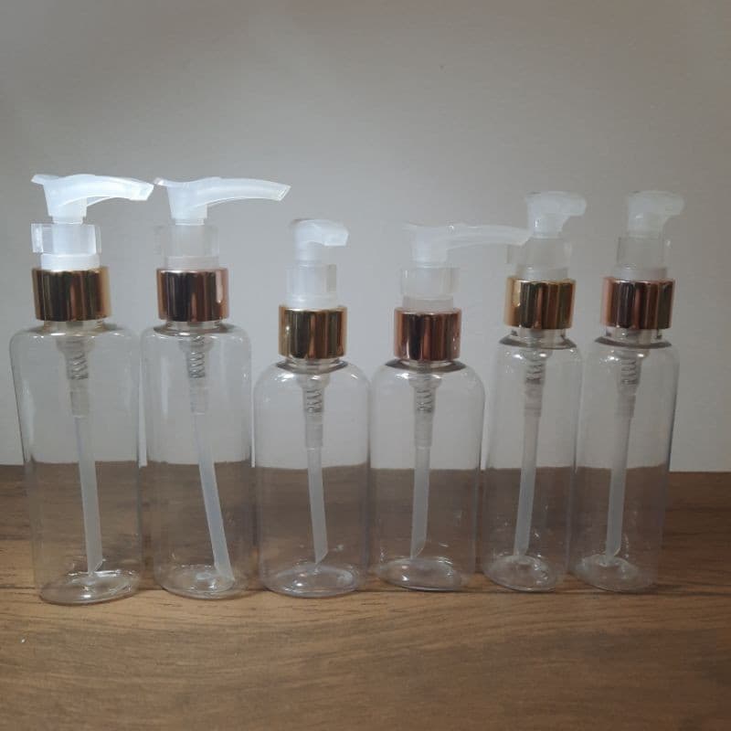 25 ou 50  Frascos pet 60ml cilindro ou oval com válvulas spray luxo ou pump saboneteira dourada ou rosé.