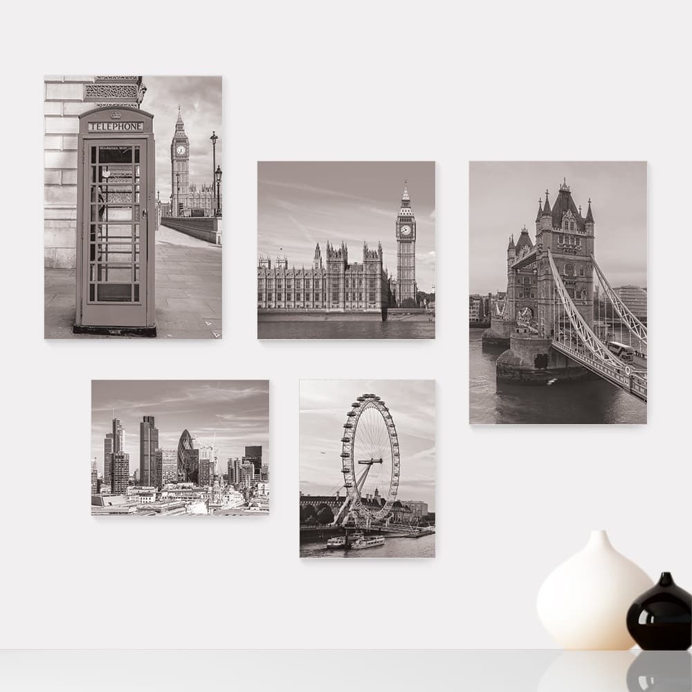 Kit 5 Quadros Decorativos Placas - Londres Inglaterra Viagem Preto e Branco Mundo Casa Quarto Sala - 342ktpl5