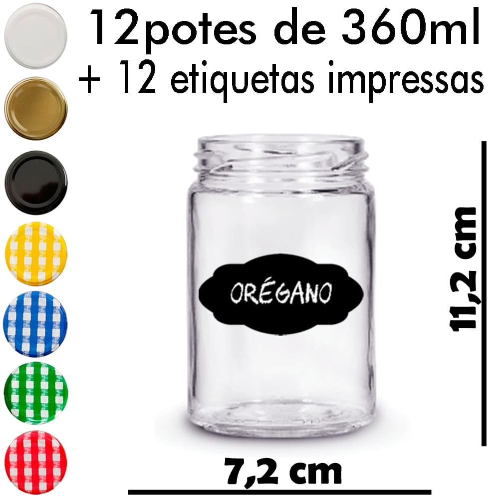 Pote Vidro 360ml - kit com 12 potes + 12 etiquetas impressas (você escolhe os nomes de temperos, mantimentos e ervas)