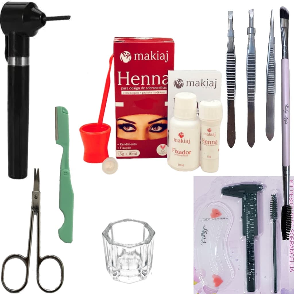 Kit Profissional Henna makiaj Mixer Pincel Navalha Tesoura Pincas Paquimetro Escovinha Moldes Dappen