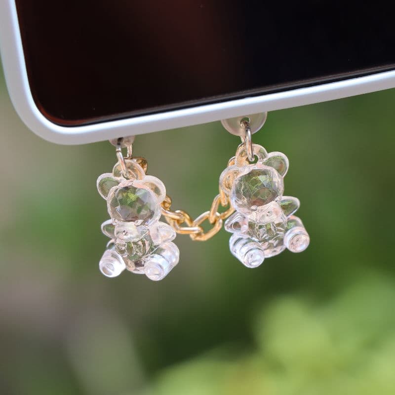 Telefone Celular Anti-Poeira Plugue Fofo Tridimensional Acrílico Transparente Urso Universal Para Tomada De Dados
