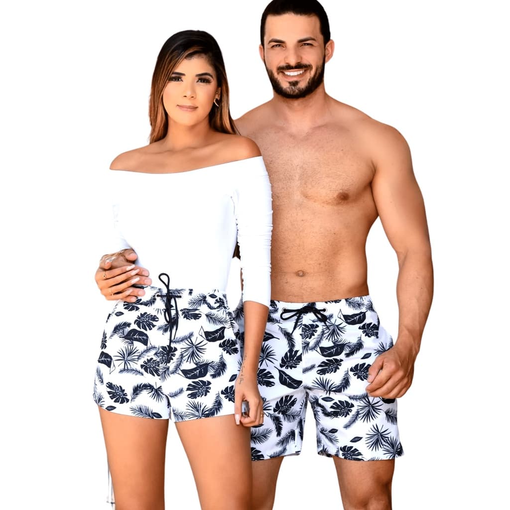 Kit Casal Short Bermuda  Mozao Moda Praia Tactel Elastano 2 Peças