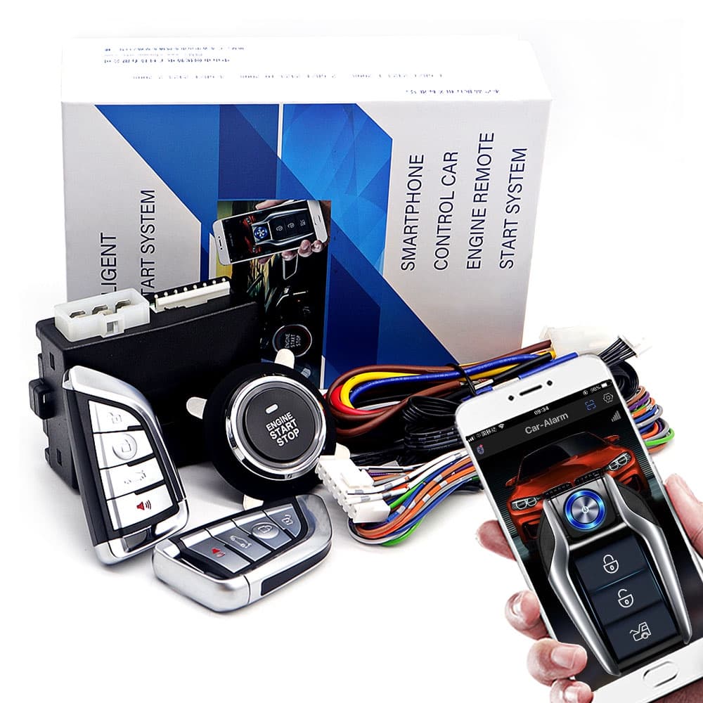 Alarme de carro com partida remota e botão de partida do motor, aplicativo inteligente, sistema de parada e partida remota para carros, sistema de partida por pressão do motor com ignição automática remota