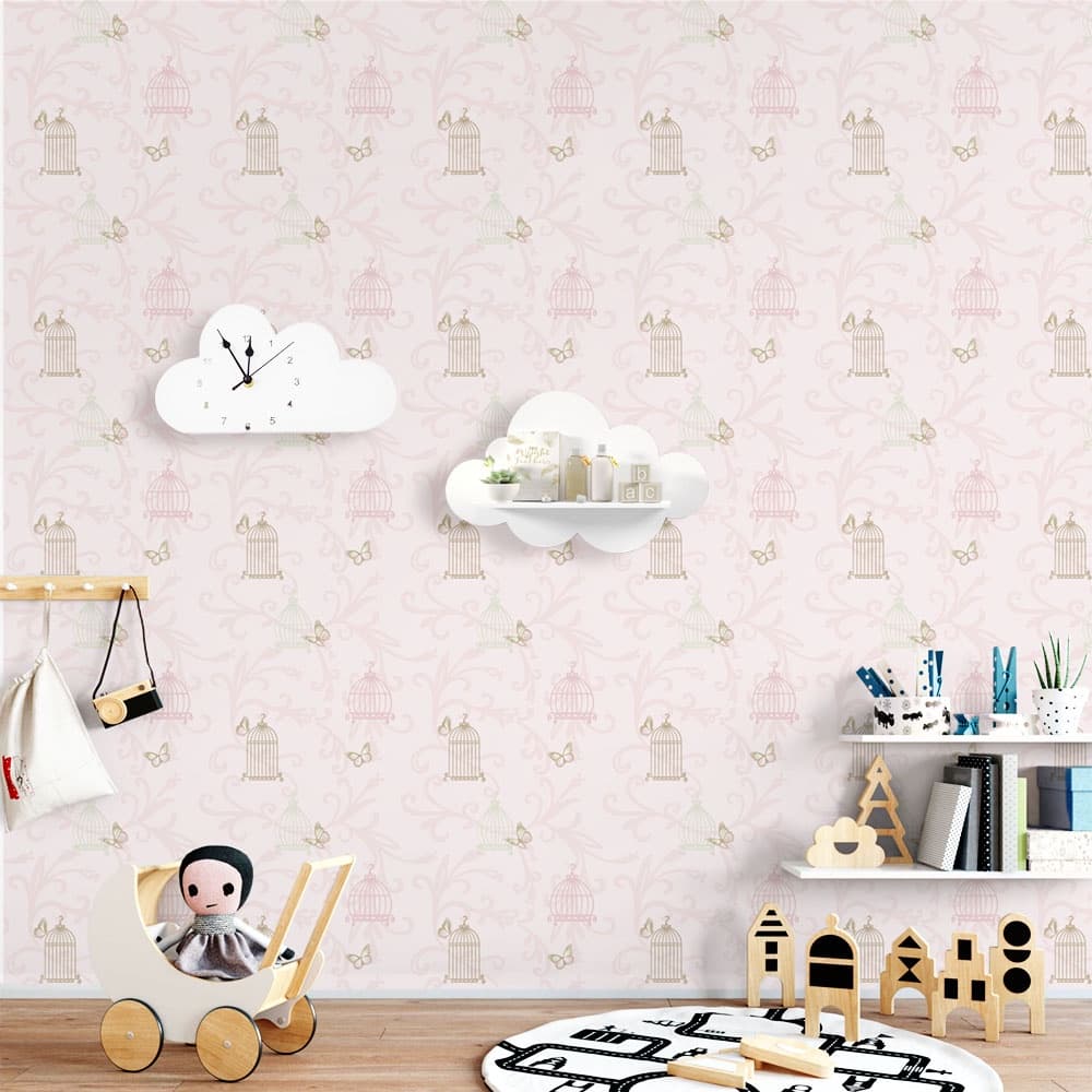 Papel de Parede Adesivo Baby Rosa Gaiolas E Borboletas 3mx50cm