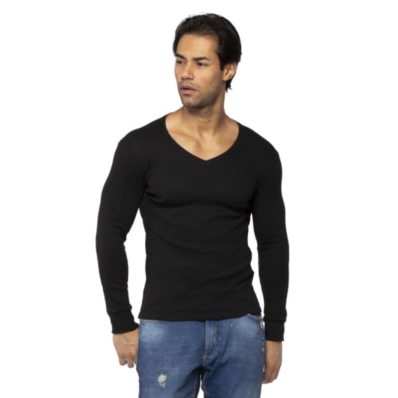 Camiseta Masculina Manga Comprida Segunda Pele Ribana Canelada Decote V