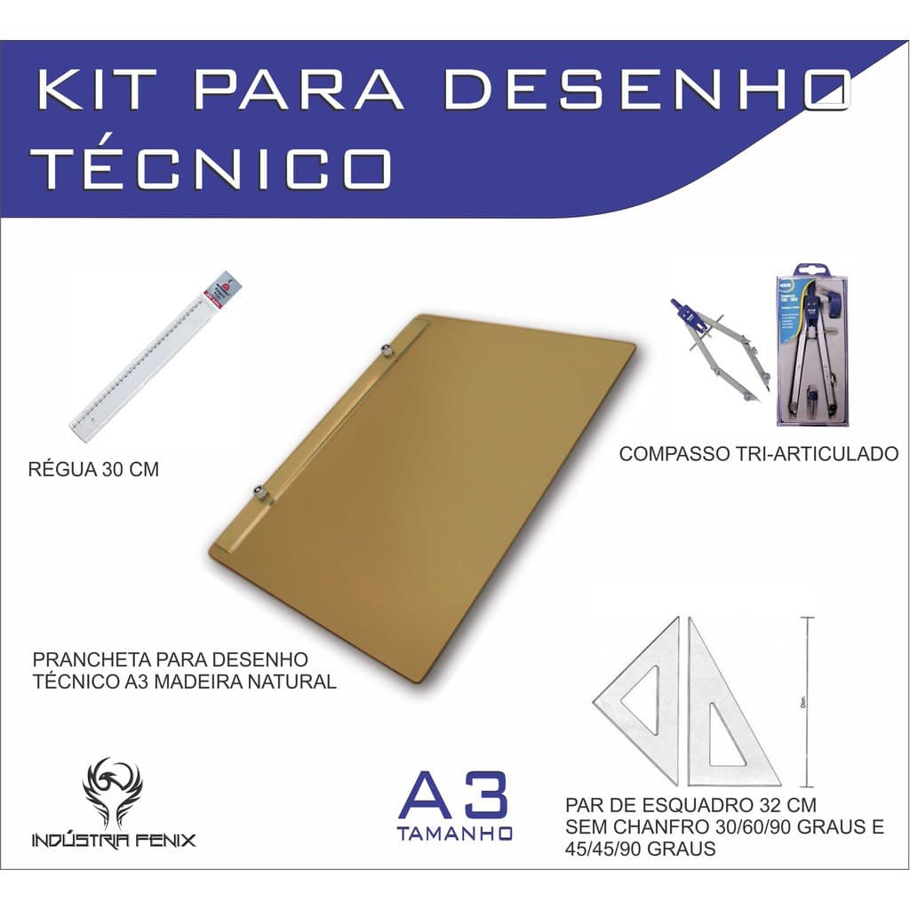 Kit Desenho Técnico Prancheta Engenharia Arquitetura Edificações a3 NATURAL Par Esquadro 32 cm Compasso Cis 303 Regua 30