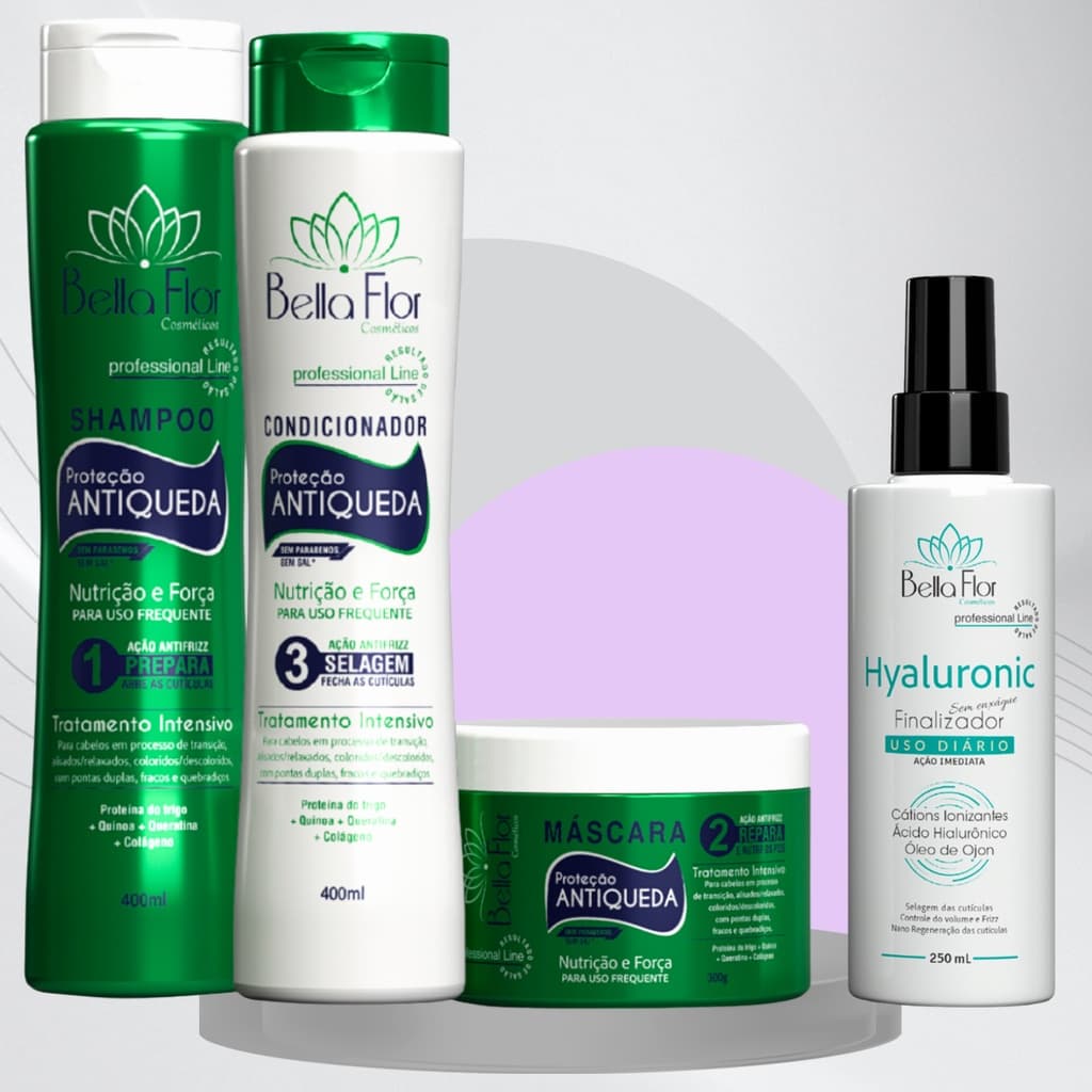 Kit Capilar Anti-Queda 4 Produtos Shampoo Condicionador Máscara + Finalizador Hyaluronic Bella Flor