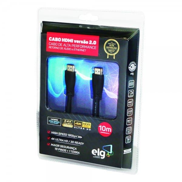 Cabo HDMI 2.0v 4K 3D High Speed com Ethernet 10 metros HS20100 ELG