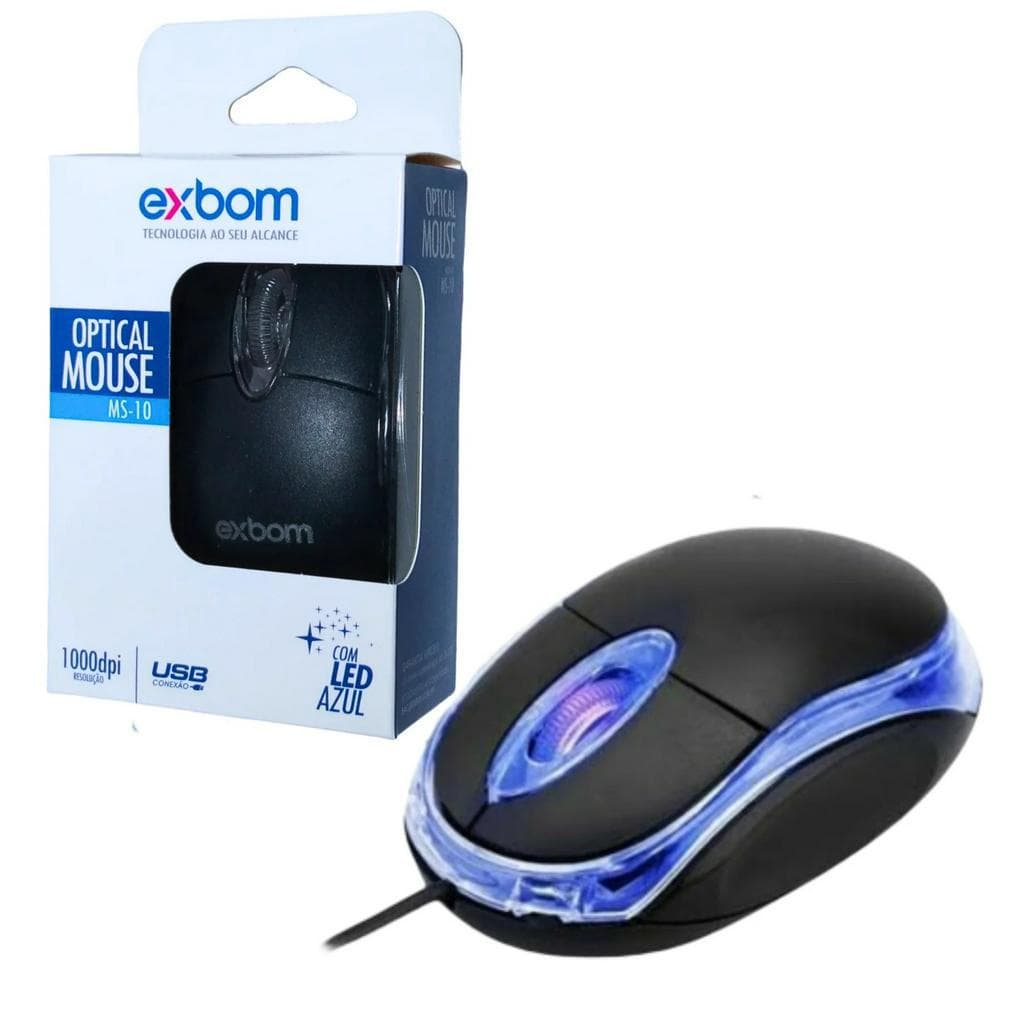 Mouse óptico USB Com Fio Resolução 1000dpi Exbom MS-10 Compacto com luz de led + Mousepad Preto