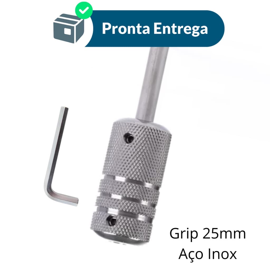 Grip Biqueira Aço Inox 25mm Pesado Firmeza Tattoo Tatuagem Recartilhado ou Liso + Chave Allen