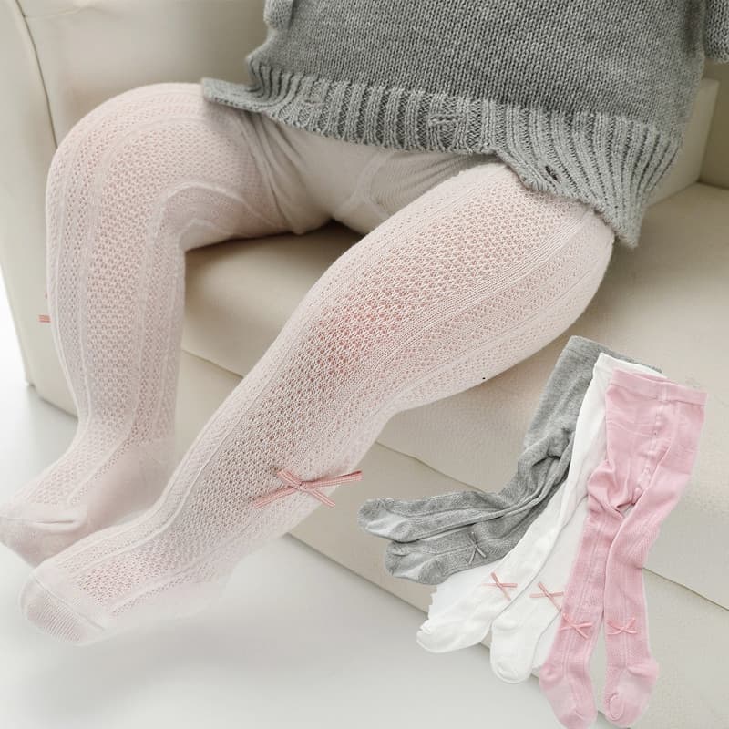 Meia-Calça Infantil Feminina De Malha Respirável De Algodão Com Laço