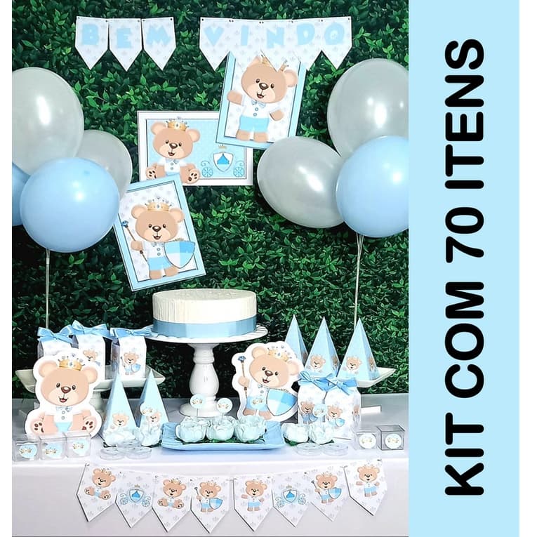 Ursinho Realeza Principe Cha Bebê Fralda 70 itens decoração
