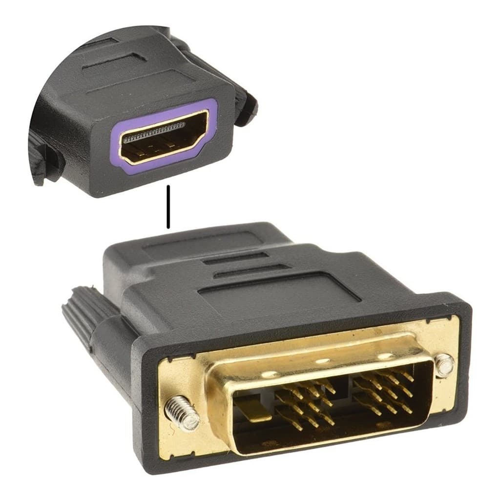 Adaptador DVI-D Single Link (18+1) Macho x HDMI Fêmea. Sistema digital somente. Plugs Dourados Gold. Compatível HDMI Versões 1.2 1.3 e 1.4 4K 3D Full HD. Conectores: HDMI Fêmea + DVI-D Single Link 18+1 Pinos Macho.