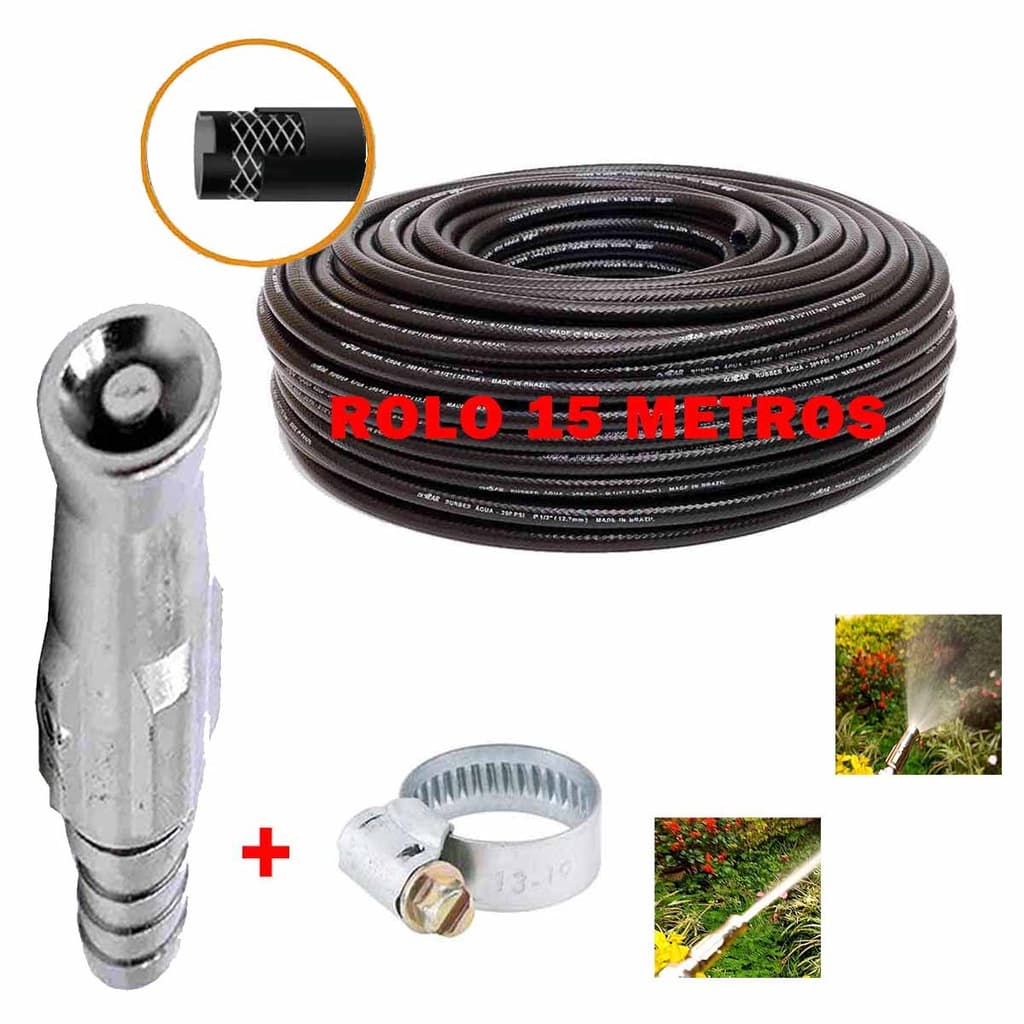 Mangueira Jardim Reforçada 1/2 Preta 300 Psi Para Água 15 Metros + Esguicho De Metal Ajustável
