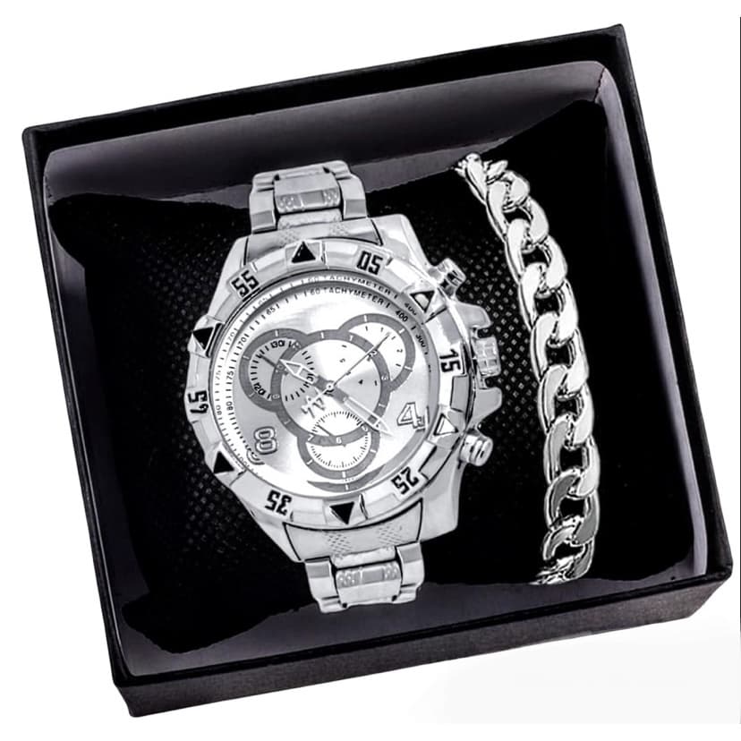 Kit relógio e pulseira prateado masculino aço  inoxidável conjunto presente