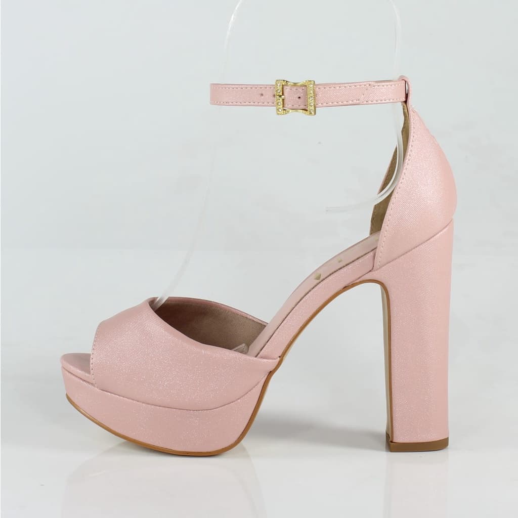 Sandália Salto Grosso Meia Pata Rosé Diamante