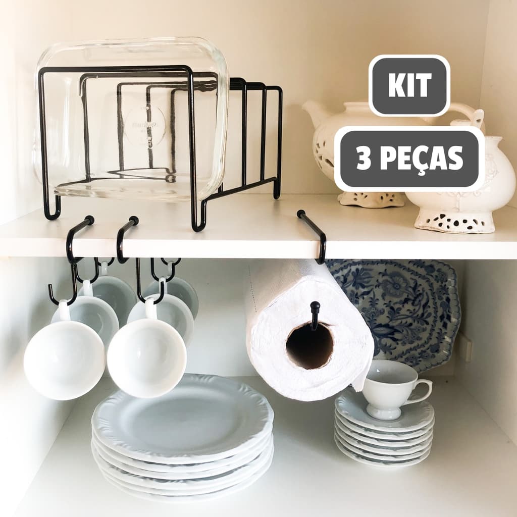 Organizador Suporte para Cozinha Armário Prateleira Kit 3 Peças Suspenso Papel Toalha Xícara Refratário Tampa