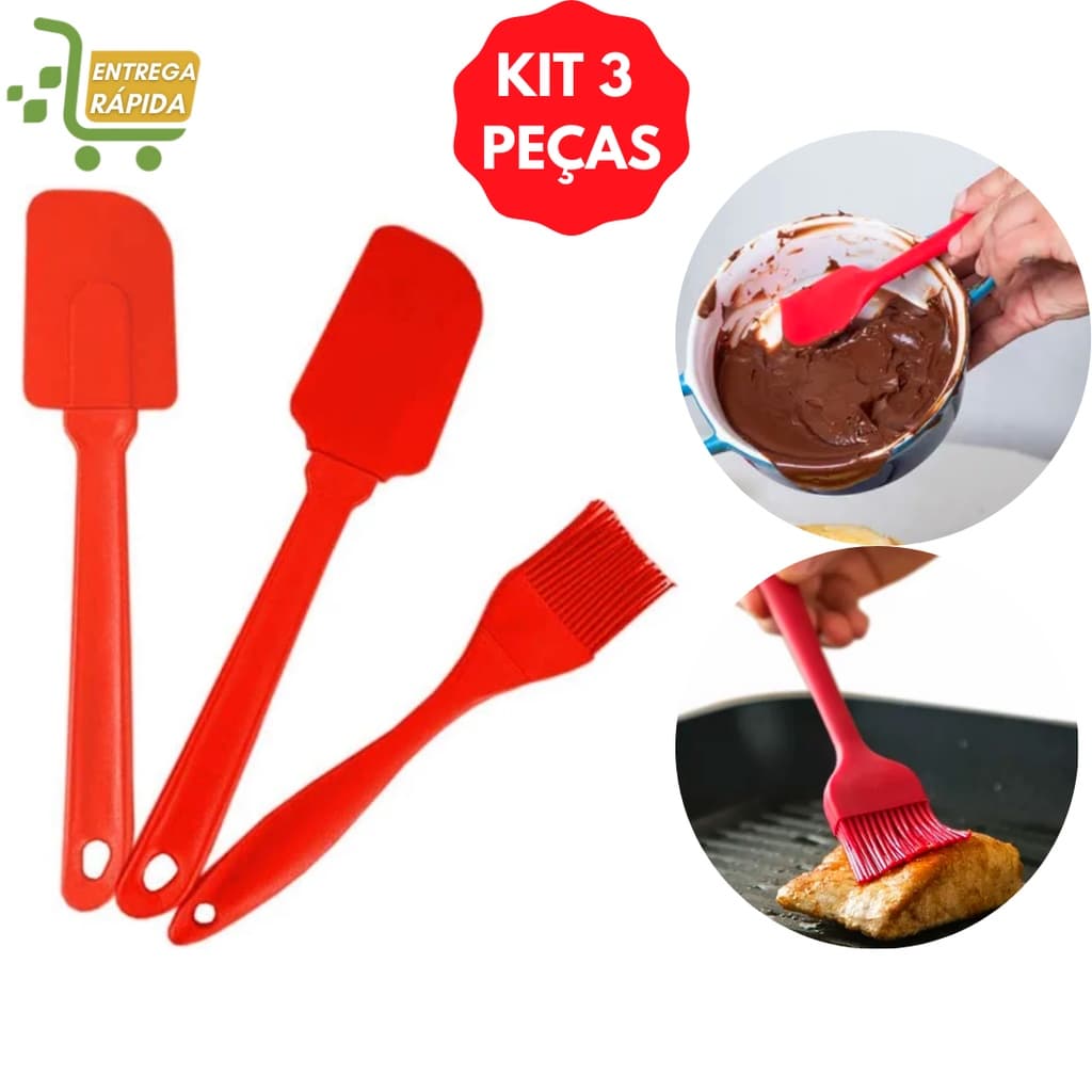 Kit Cozinha 3 Peças Espátulas E Pincel Culinário Silicone