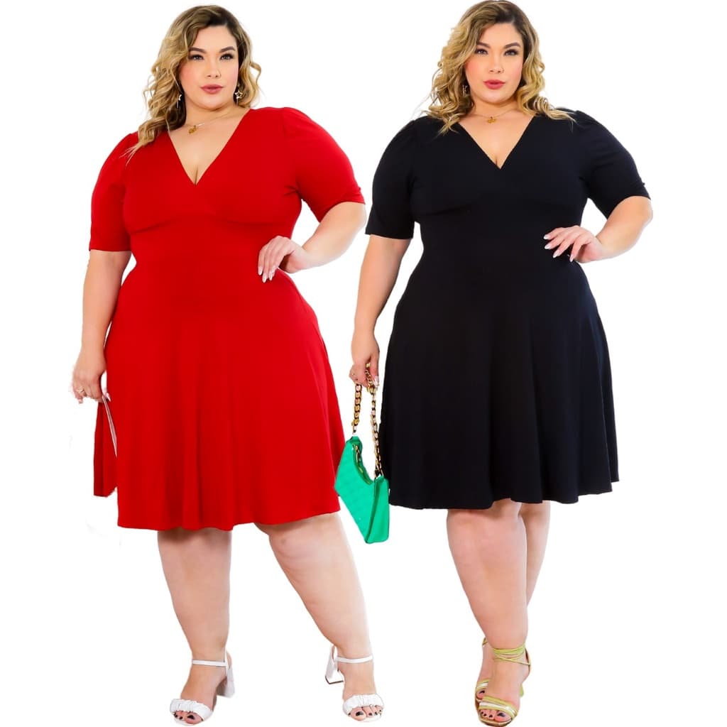 Vestido Pluz size midi rodado com manga curta princesa