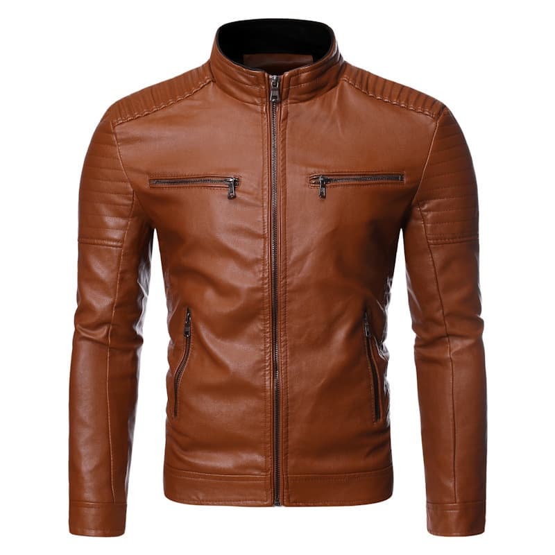 Jaqueta De Couro pu Masculina Listrada Com Gola Alta/Zíper Duplo/Quente Para Outono/Inverno