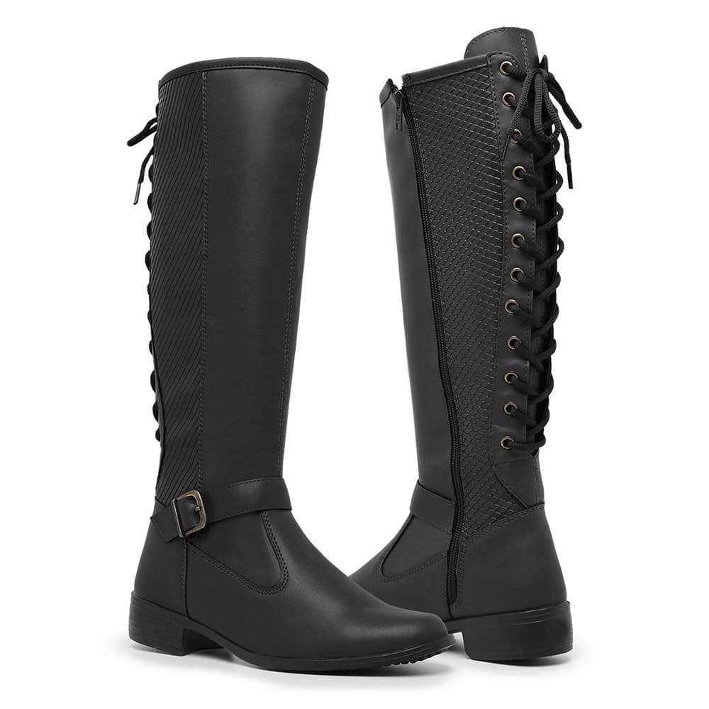 Bota Feminina Montaria 11653 Cores Com Cadarço Confortável Casual Cano Alto Com Zíper Lateral