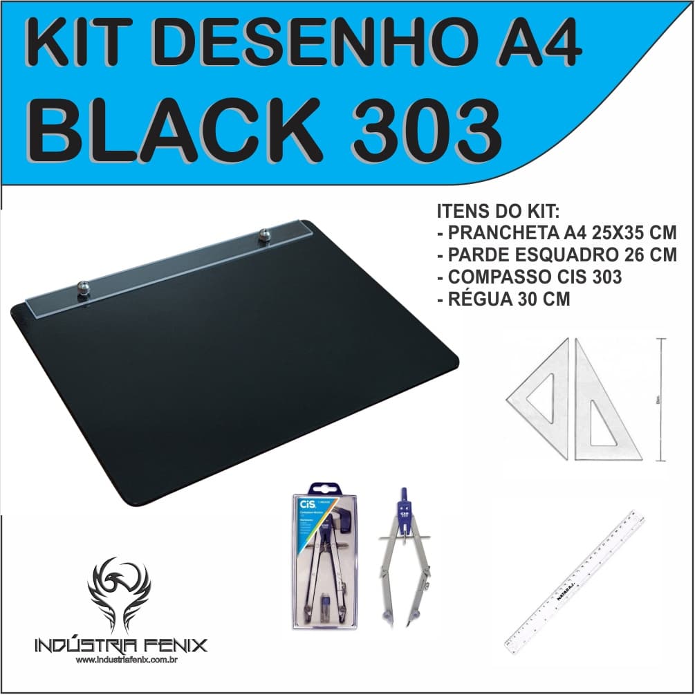 Kit Desenho Técnico Prancheta Engenharia Arquitetura Edificações a4 PRETO Par Esquadro 26 cm Compasso Cis 303 Regua 30