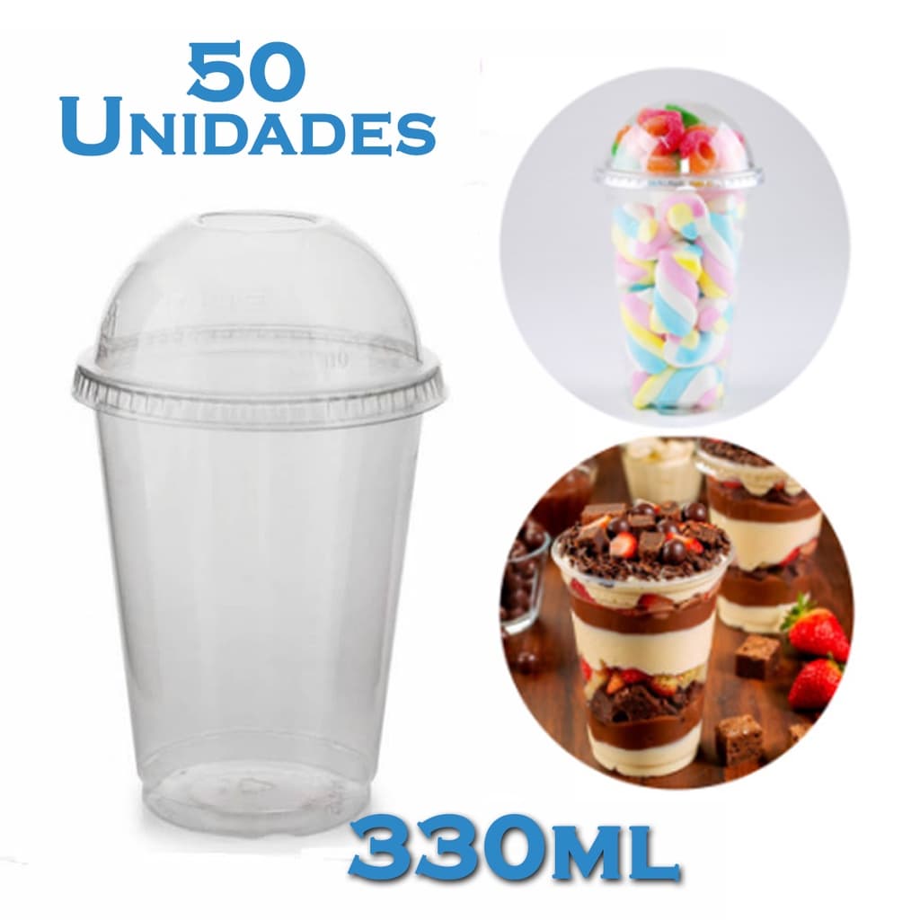 Copo Embalagem com Tampa Bolha com Furo Para Doces Salada Pipoca Bolos 330ml com 50 unidades