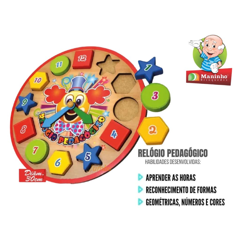 Relógio Educativo Pedagógico Infantil Em Madeira cores vivas  aprndizado