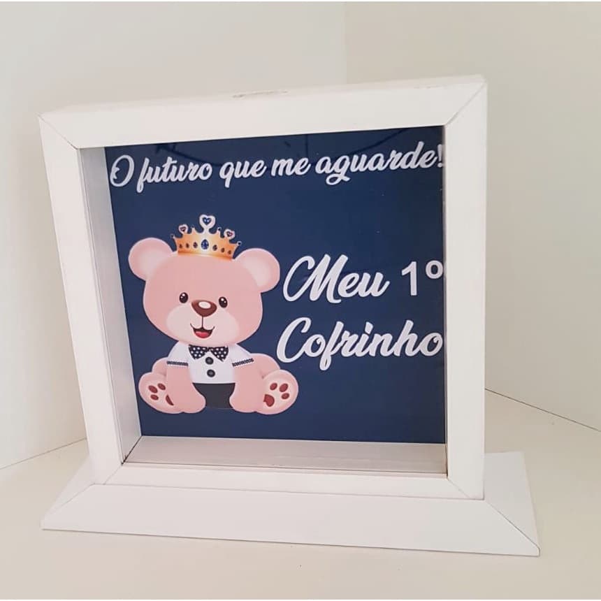 Quadro Cofre com frase: "MEU 1° COFRINHO" "O FUTURO QUE ME AGUARDE - MEU 1° COFRINHO"  23x23cm