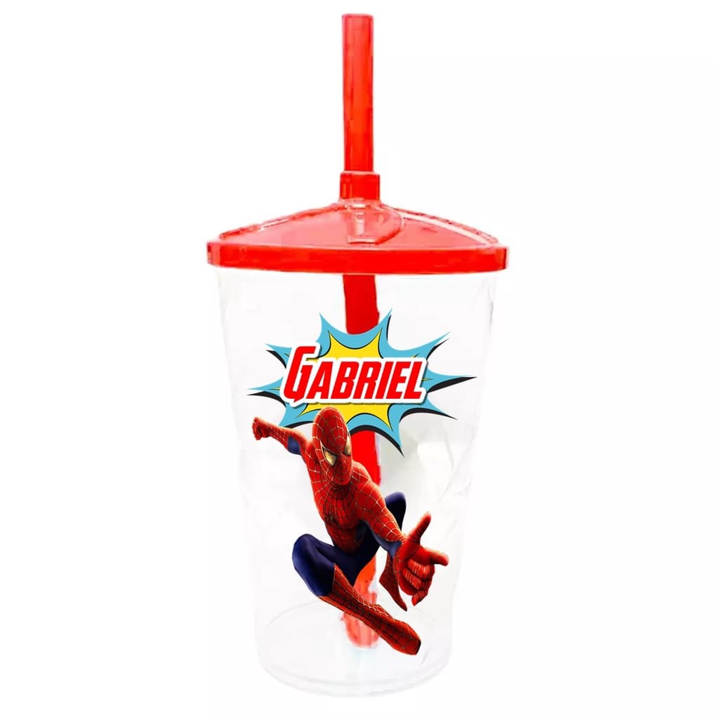 30 Copos Twister Shake Personalizado 400ml C/Tampa e Canudo Lembrancinha Homem Aranha