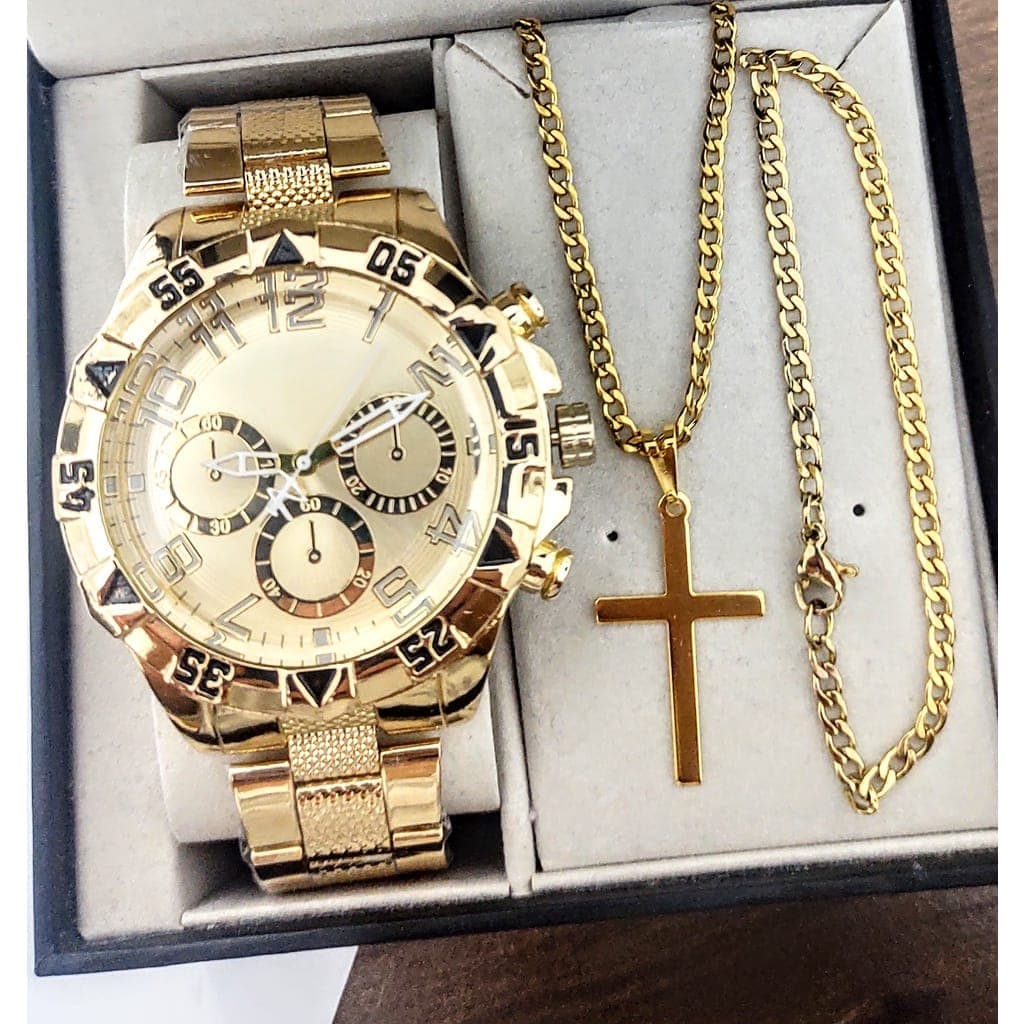 Conjunto relógio masculino + corrente cruz + pulseira Promoção Presente envio hoje .2023 Só Hoje